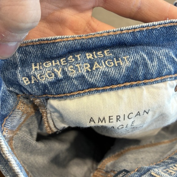 American Eagle Jeans Women 00 Blue Highest Rise Baggy Straight Light Wash Thrash - Picture 3 of 5